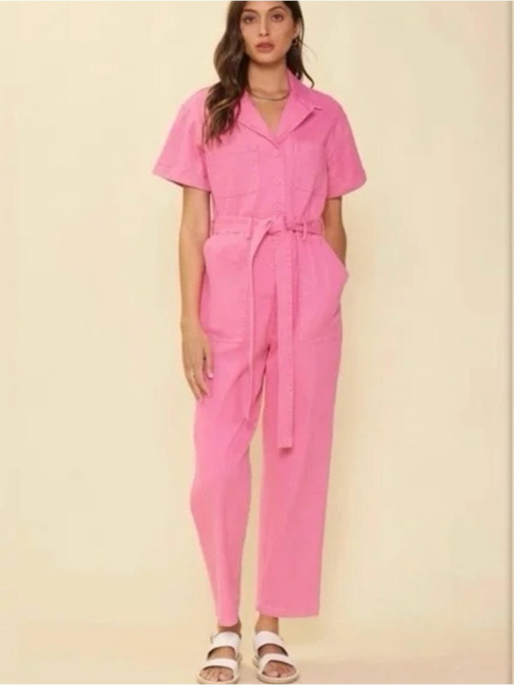 Skies Are Blue Pink Short-Sleeve Utility Jumpsuit with Tie Waist